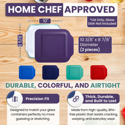 Replacement Lid fits Pyrex 2-Quart 8" x 8" Glass Baking Dish #222, Compatible with Lid #222-PC, Food Storage Container Cover with Flush Tab Handles (2-Pack, Purple)