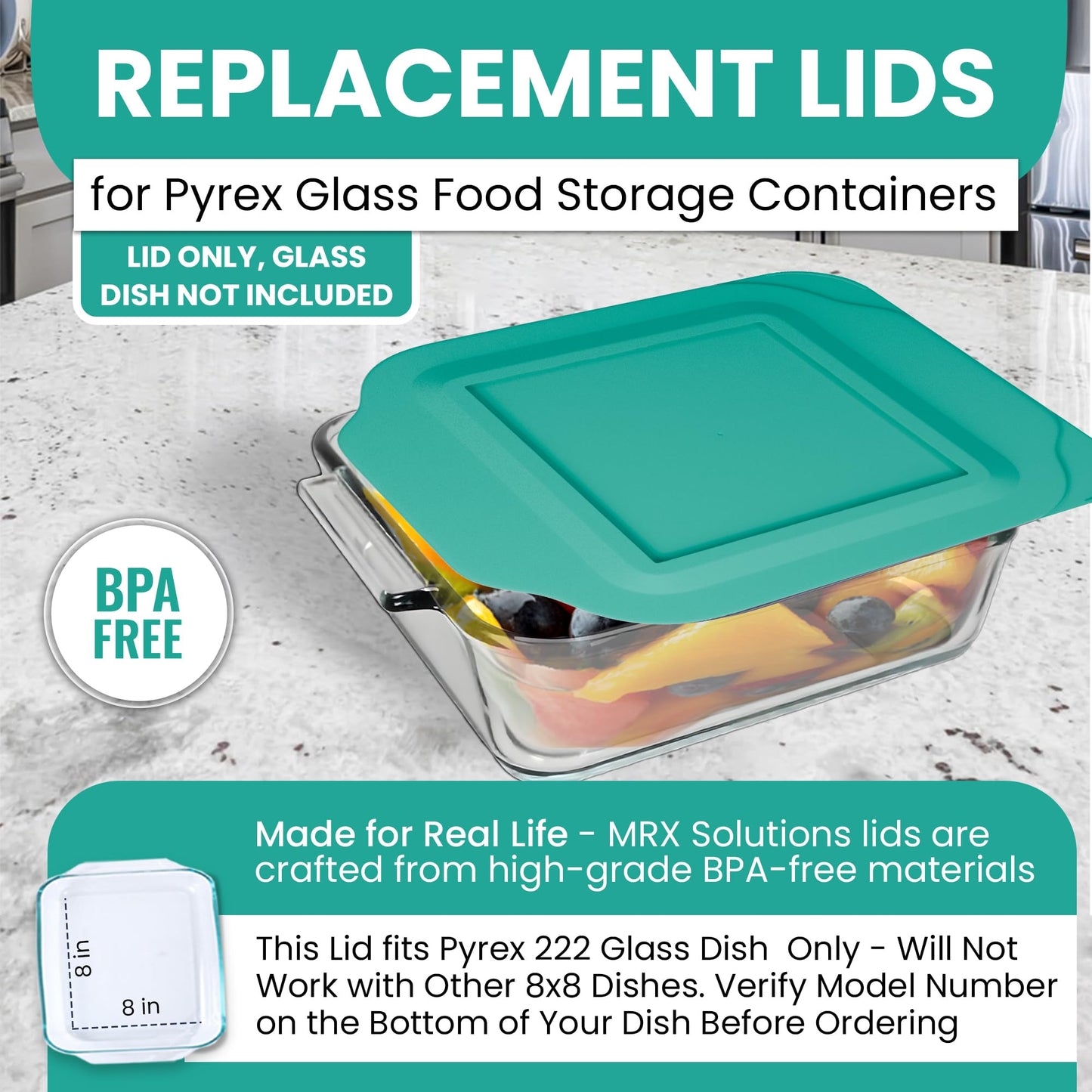 Replacement Lid fits Pyrex 2-Quart 8" x 8" Glass Baking Dish #222, Compatible with Lid #222-PC, Food Storage Container Cover with Flush Tab Handles (2-Pack, Teal)