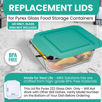 Replacement Lid fits Pyrex 2-Quart 8" x 8" Glass Baking Dish #222, Compatible with Lid #222-PC, Food Storage Container Cover with Flush Tab Handles (2-Pack, Teal)