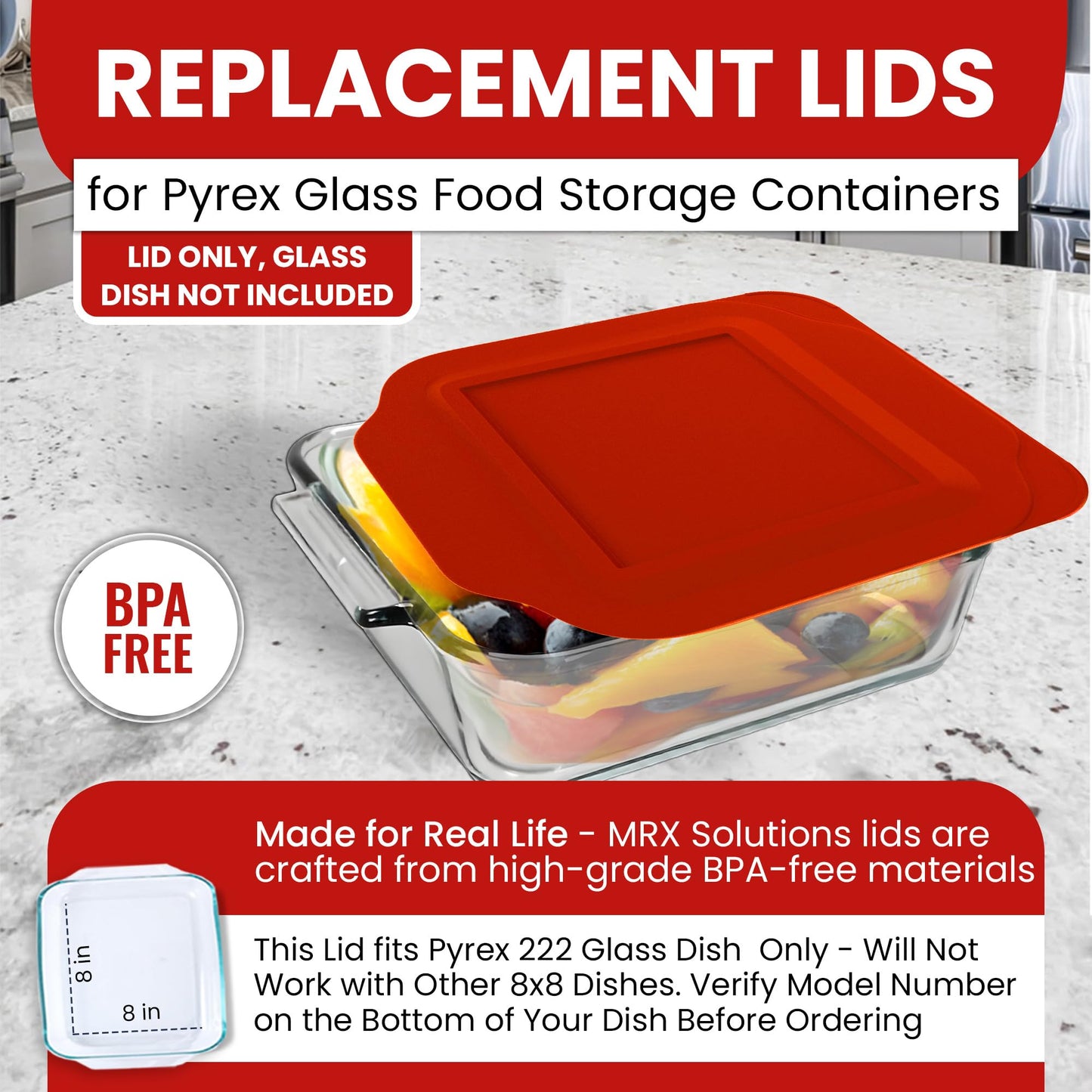 Replacement Lid fits Pyrex 2-Quart 8" x 8" Glass Baking Dish #222, Compatible with Lid #222-PC, Food Storage Container Cover with Flush Tab Handles (2-Pack, Red)