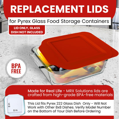 Replacement Lid fits Pyrex 2-Quart 8" x 8" Glass Baking Dish #222, Compatible with Lid #222-PC, Food Storage Container Cover with Flush Tab Handles (2-Pack, Red)