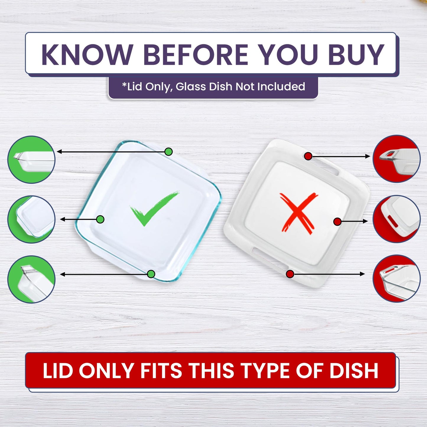 Replacement Lid fits Pyrex 2-Quart 8" x 8" Glass Baking Dish #222, Compatible with Lid #222-PC, Food Storage Container Cover with Flush Tab Handles (2-Pack, Purple)