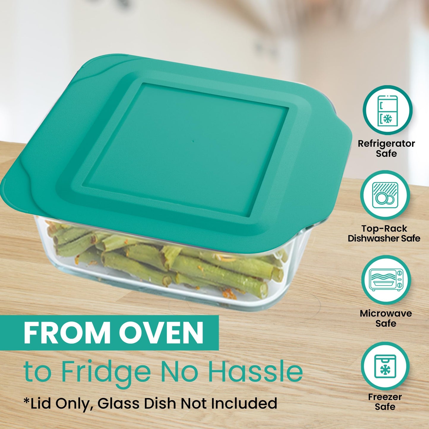Replacement Lid fits Pyrex 2-Quart 8" x 8" Glass Baking Dish #222, Compatible with Lid #222-PC, Food Storage Container Cover with Flush Tab Handles (2-Pack, Teal)