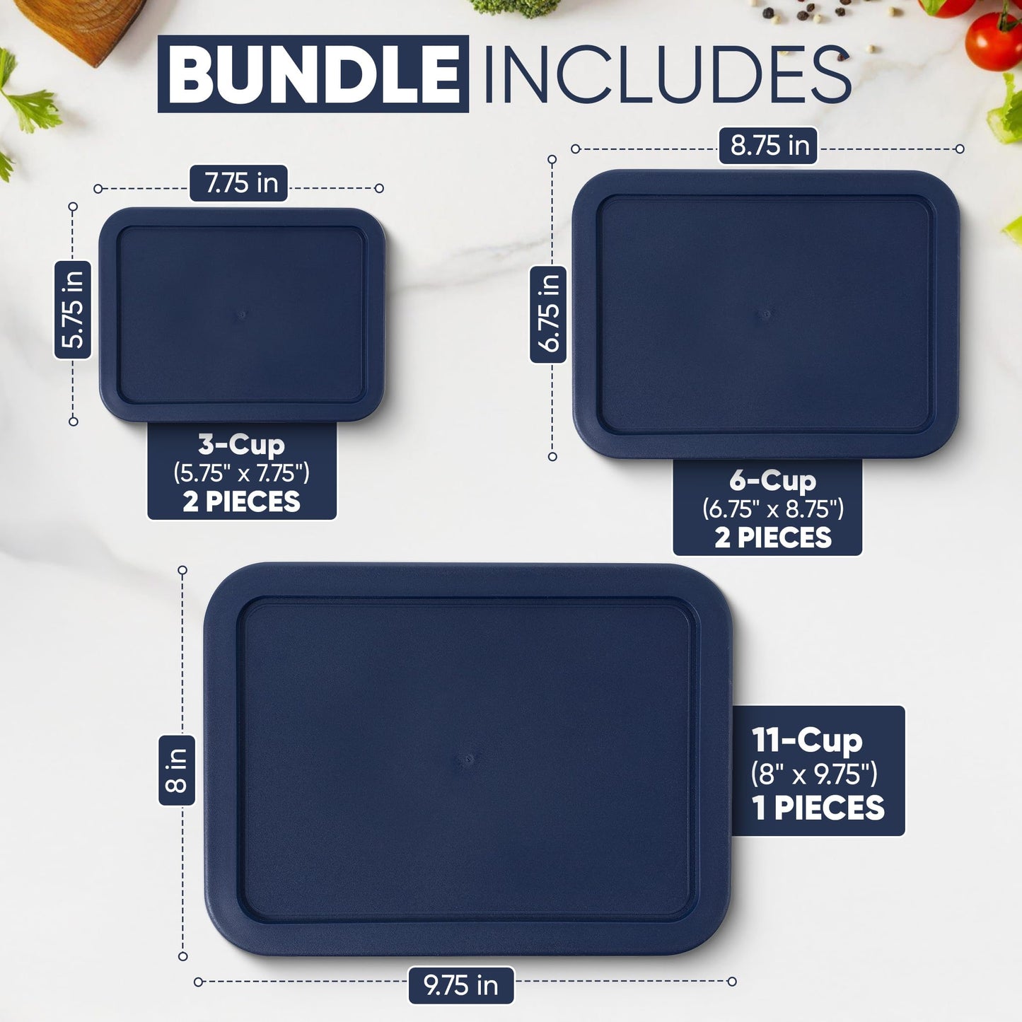 Replacement Rectangular Lids for Pyrex Glass Food Storage Containers (2) 3-Cup (2) 6-Cup (1) 11-Cup (Navy)