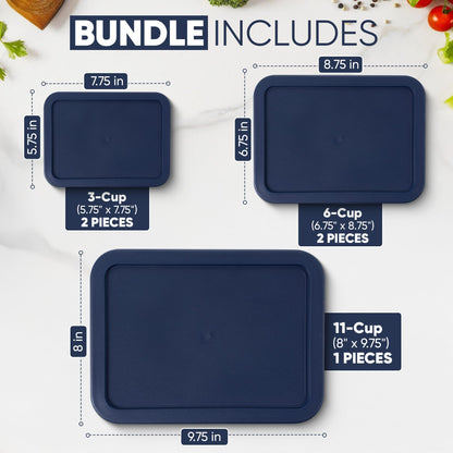Replacement Rectangular Lids for Pyrex Glass Food Storage Containers (2) 3-Cup (2) 6-Cup (1) 11-Cup (Navy)