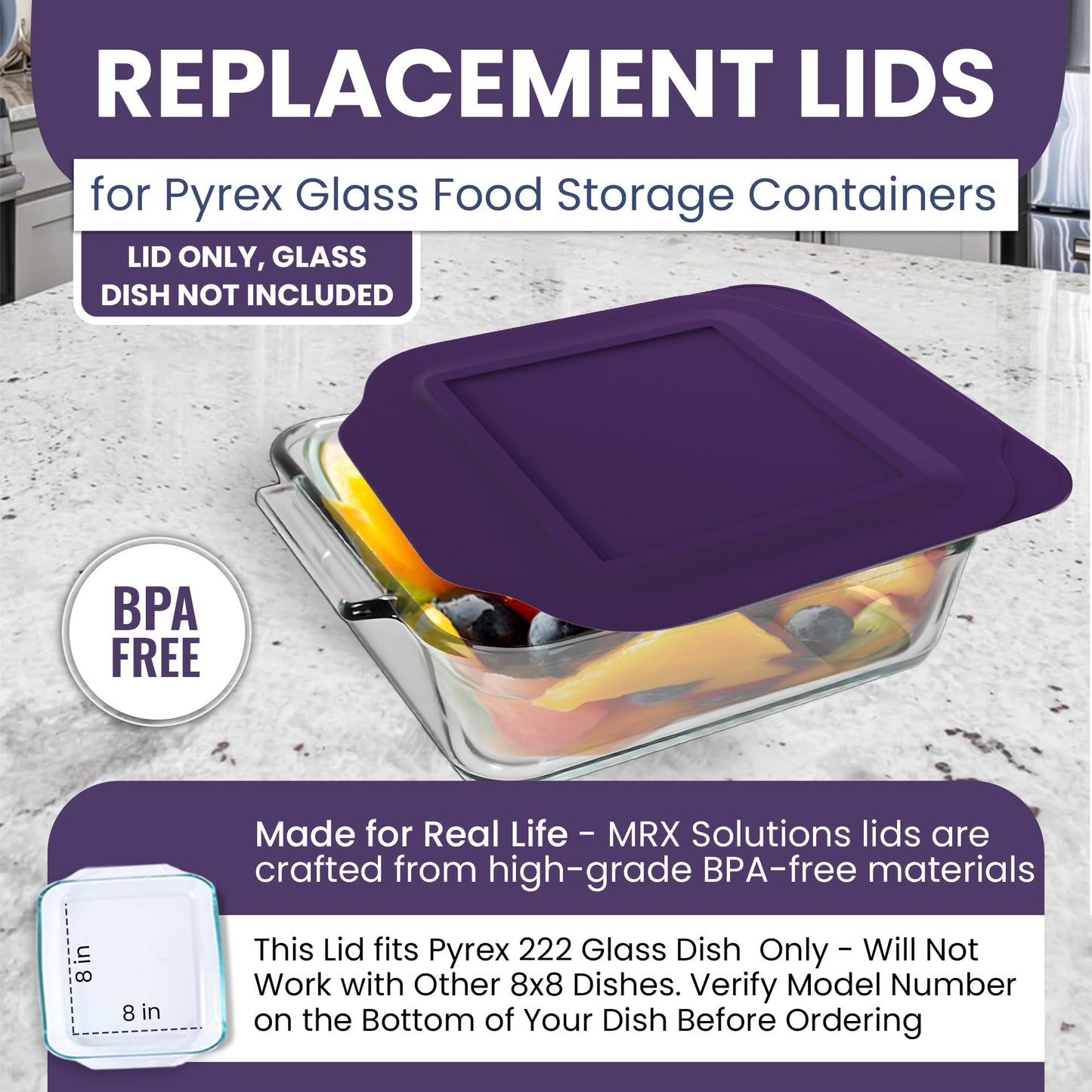 Replacement Lid fits Pyrex 2-Quart 8" x 8" Glass Baking Dish #222, Compatible with Lid #222-PC, Food Storage Container Cover with Flush Tab Handles (2-Pack, Purple)