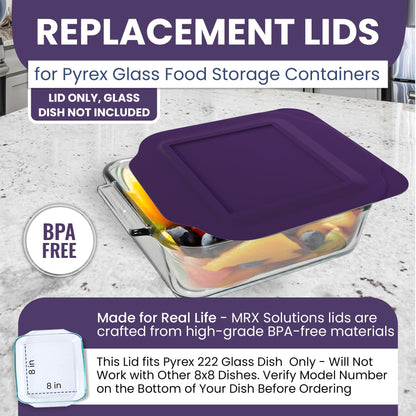 Replacement Lid fits Pyrex 2-Quart 8" x 8" Glass Baking Dish #222, Compatible with Lid #222-PC, Food Storage Container Cover with Flush Tab Handles (2-Pack, Purple)