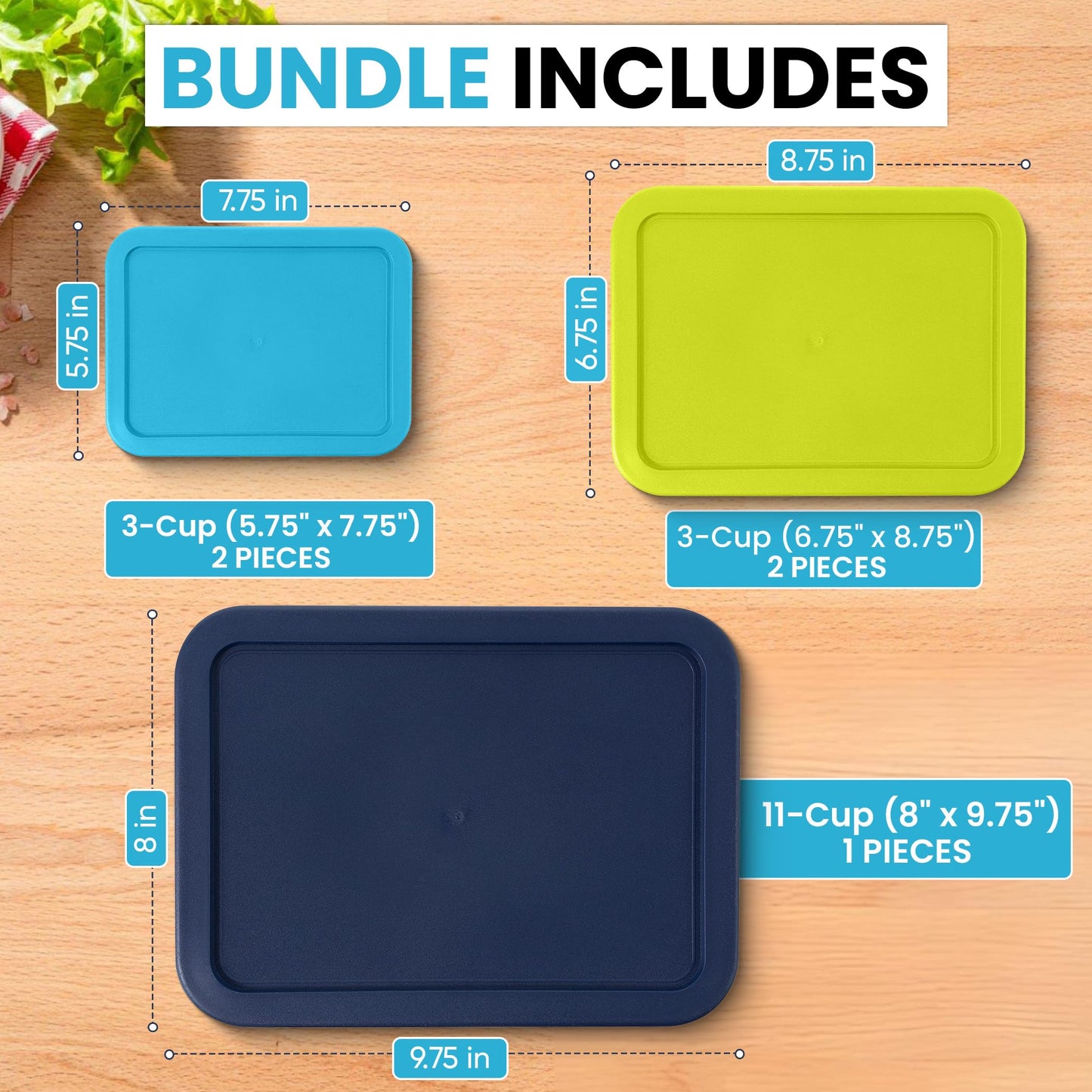 Replacement Rectangular Lids for Pyrex Glass Food Storage Containers (2) 3-Cup Light Blue (2) 6-Cup Lime Green (1) 11-Cup Navy