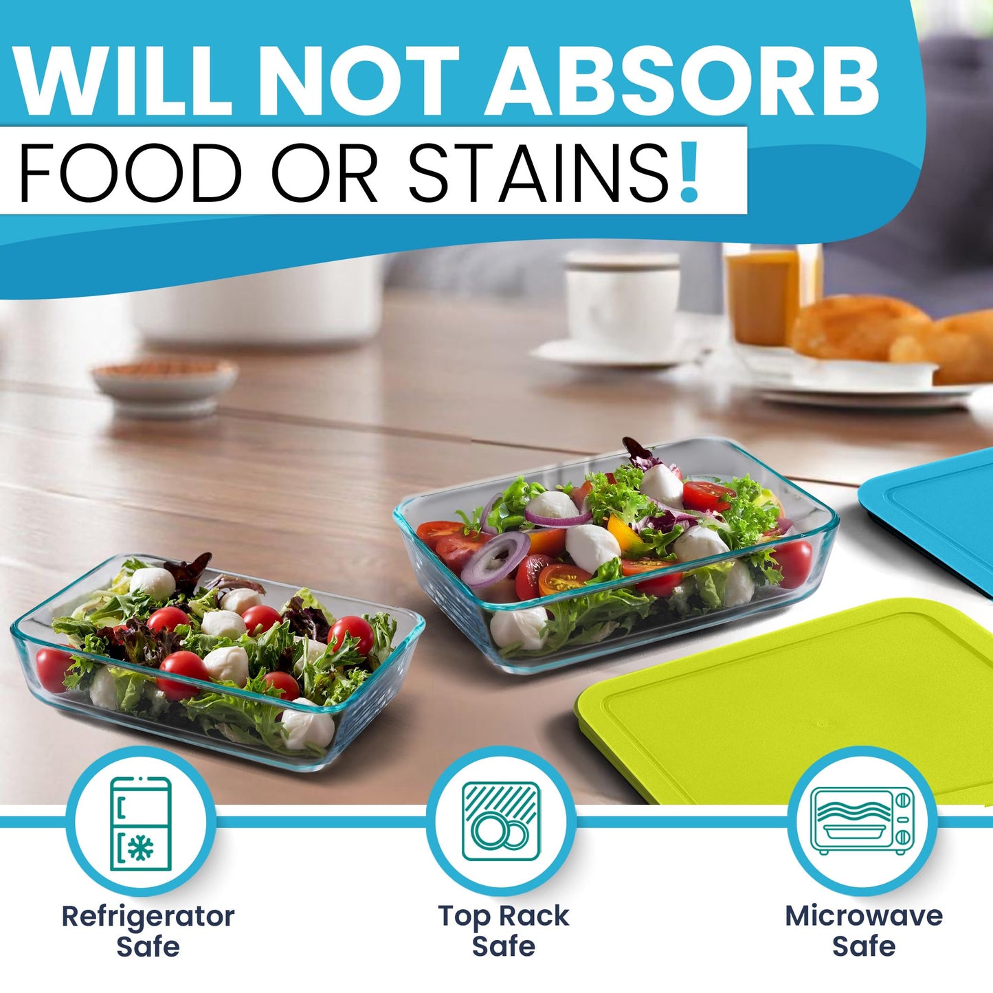 Replacement Rectangular Lids for Pyrex Glass Food Storage Containers (2) 3-Cup Light Blue (2) 6-Cup Lime Green (1) 11-Cup Navy