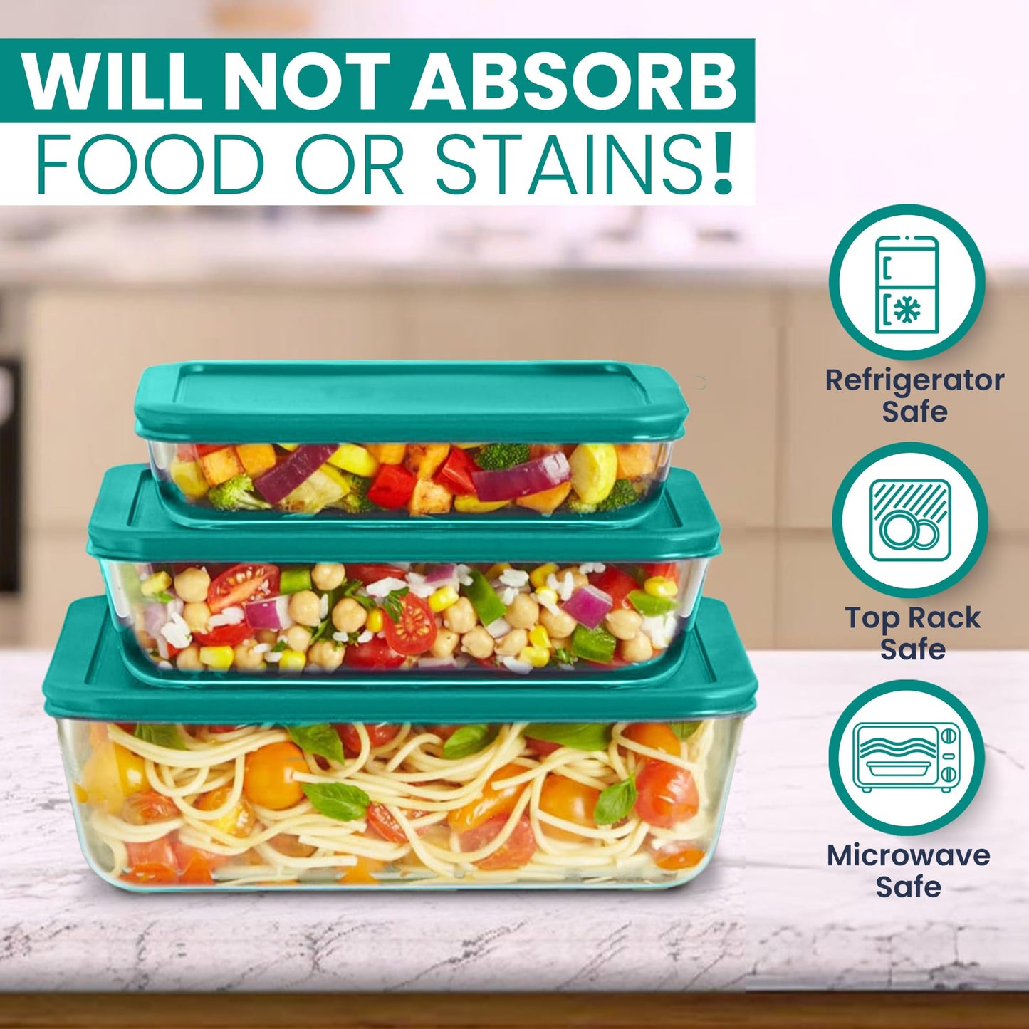 Replacement Rectangular Lids for Pyrex Glass Food Storage Containers (2) 3-Cup (2) 6-Cup (1) 11-Cup (Turquoise)