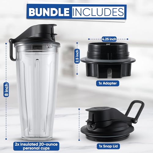 MRX Solutions Personal Cups Adapter fits Vitamix Classic Blenders 5200, 5300, 6300, 6500, 7500, 780 & More + Two BPA-Free 20-oz Insulated Leak-Proof Cups – Not Compatible With Self-Detect Models