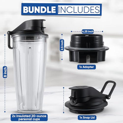 MRX Solutions Personal Cups Adapter fits Vitamix Classic Blenders 5200, 5300, 6300, 6500, 7500, 780 & More + Two BPA-Free 20-oz Insulated Leak-Proof Cups – Not Compatible With Self-Detect Models