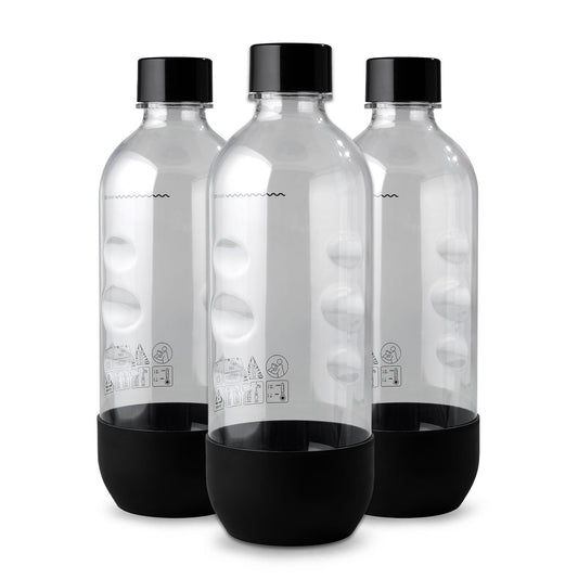 Replacement Carbonating Sparkling Water Bottles for SodaStream - 1 Liter, BPA-Free & Leak-Proof (Compatible with Fizzi, One Touch, Jet, Source, Play, Genesis, Power Models) - 3-Pack (Black)