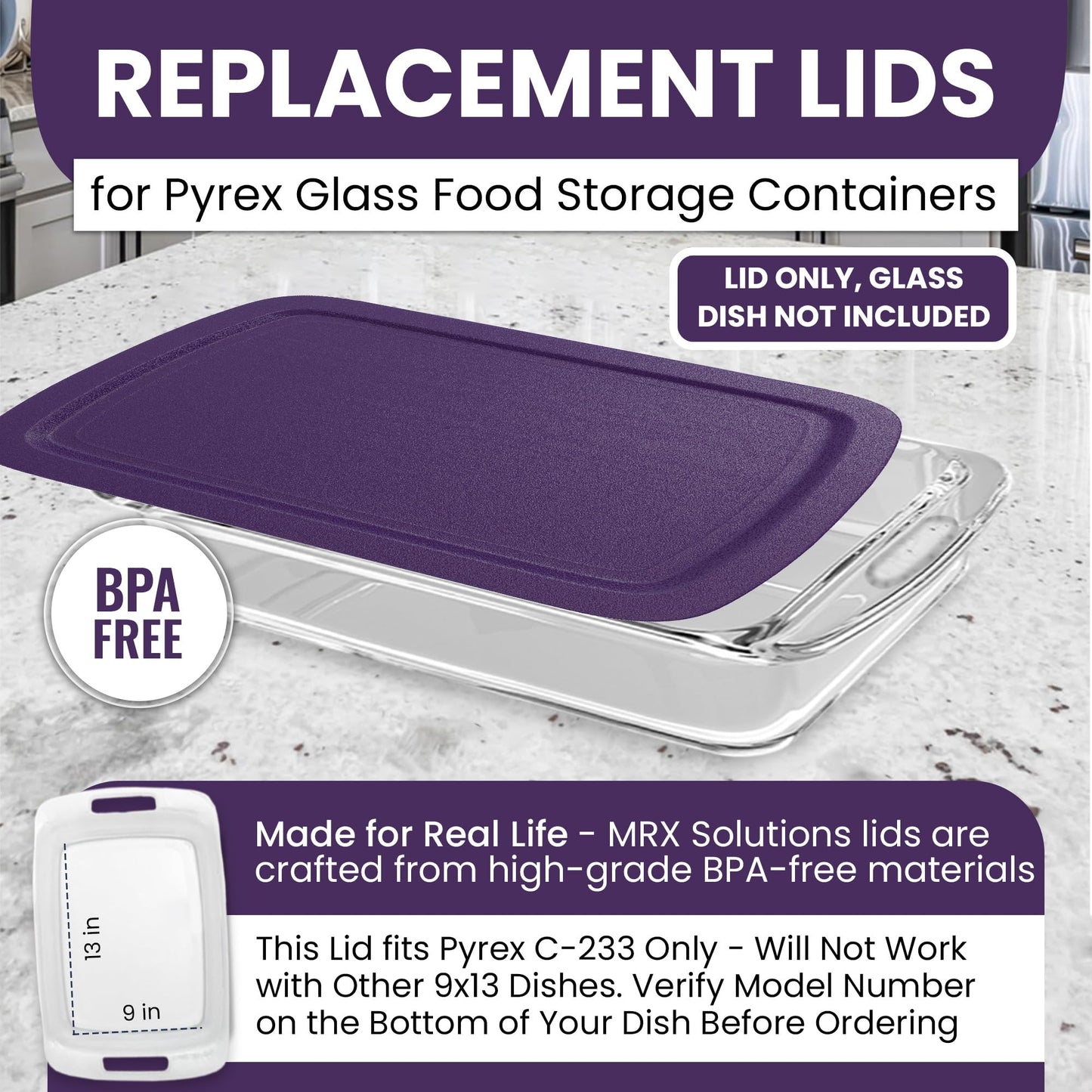 Replacement Lid for Pyrex C-233-PC Easy Grab 9x13 Casserole Glass Baking Dish Container Fits 3-Quart Model 233 with Cut-Out Handles Only