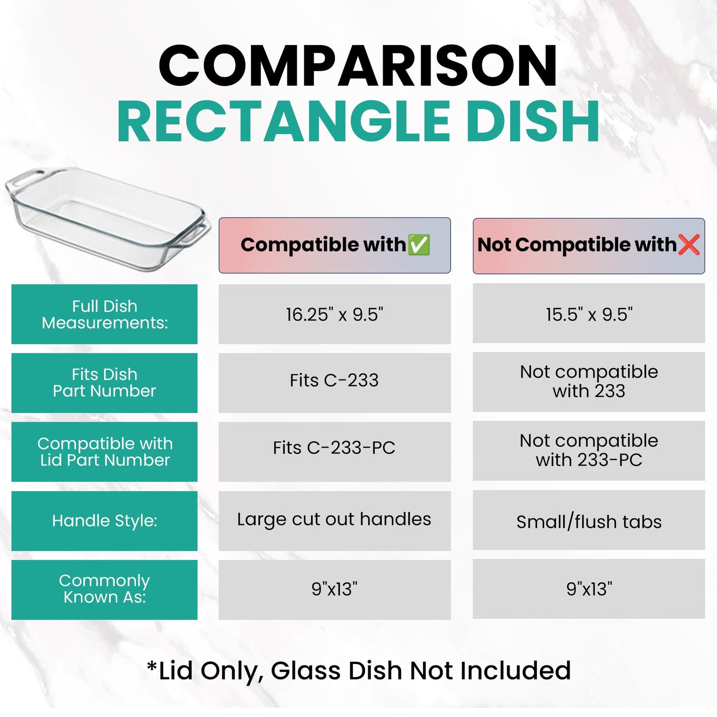 Replacement Lid for Pyrex C-233-PC Easy Grab 9x13 Casserole Glass Baking Dish Container Fits 3-Quart Model 233 with Cut-Out Handles Only