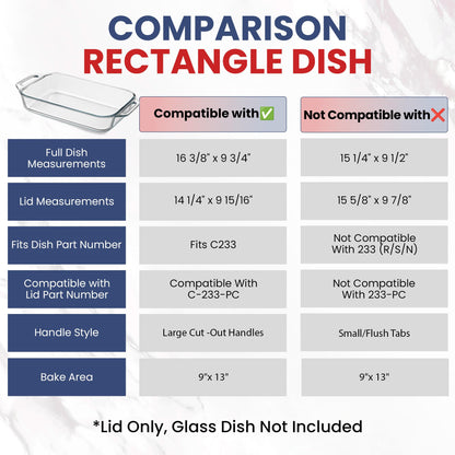 Replacement Lid for Pyrex C-233-PC Easy Grab 9x13 Casserole Glass Baking Dish Container Fits 3-Quart Model 233 with Cut-Out Handles Only
