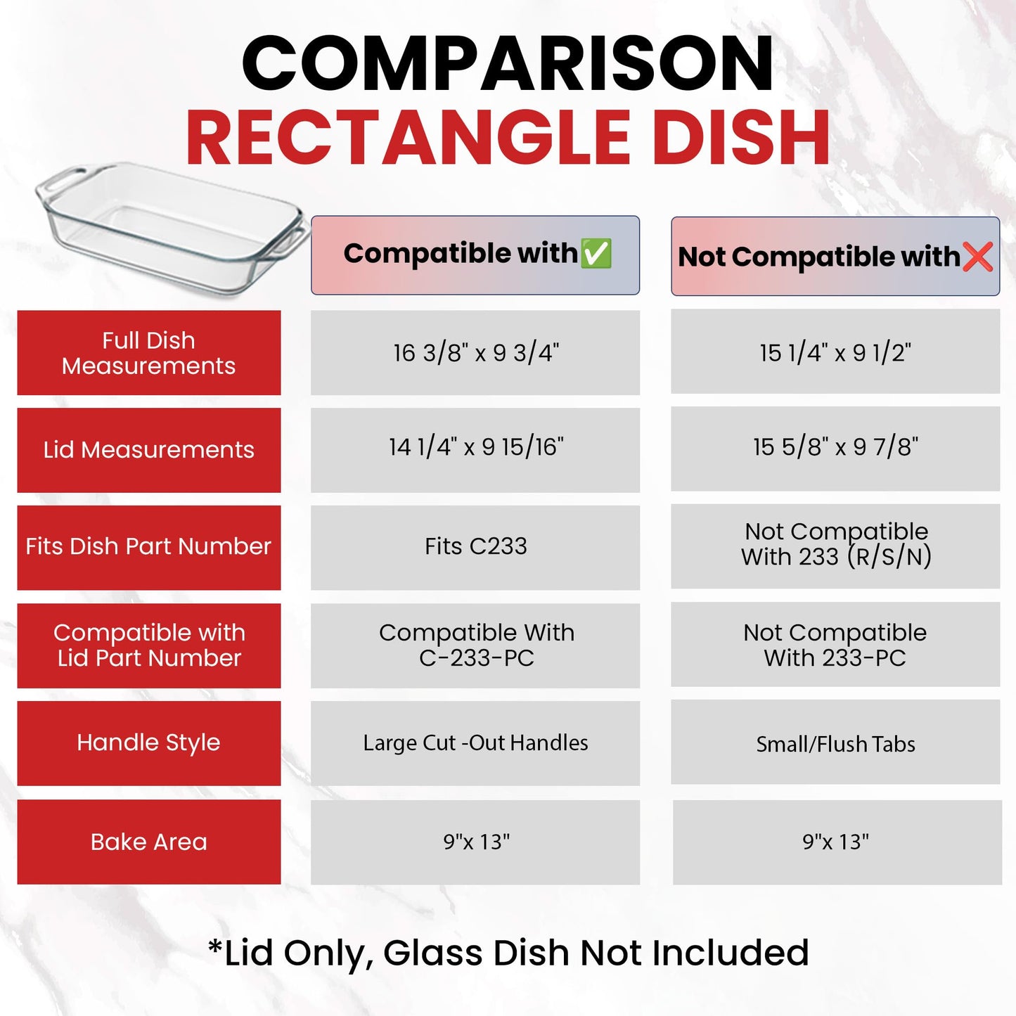 Replacement Lid for Pyrex C-233-PC Easy Grab 9x13 Casserole Glass Baking Dish Container Fits 3-Quart Model 233 with Cut-Out Handles Only