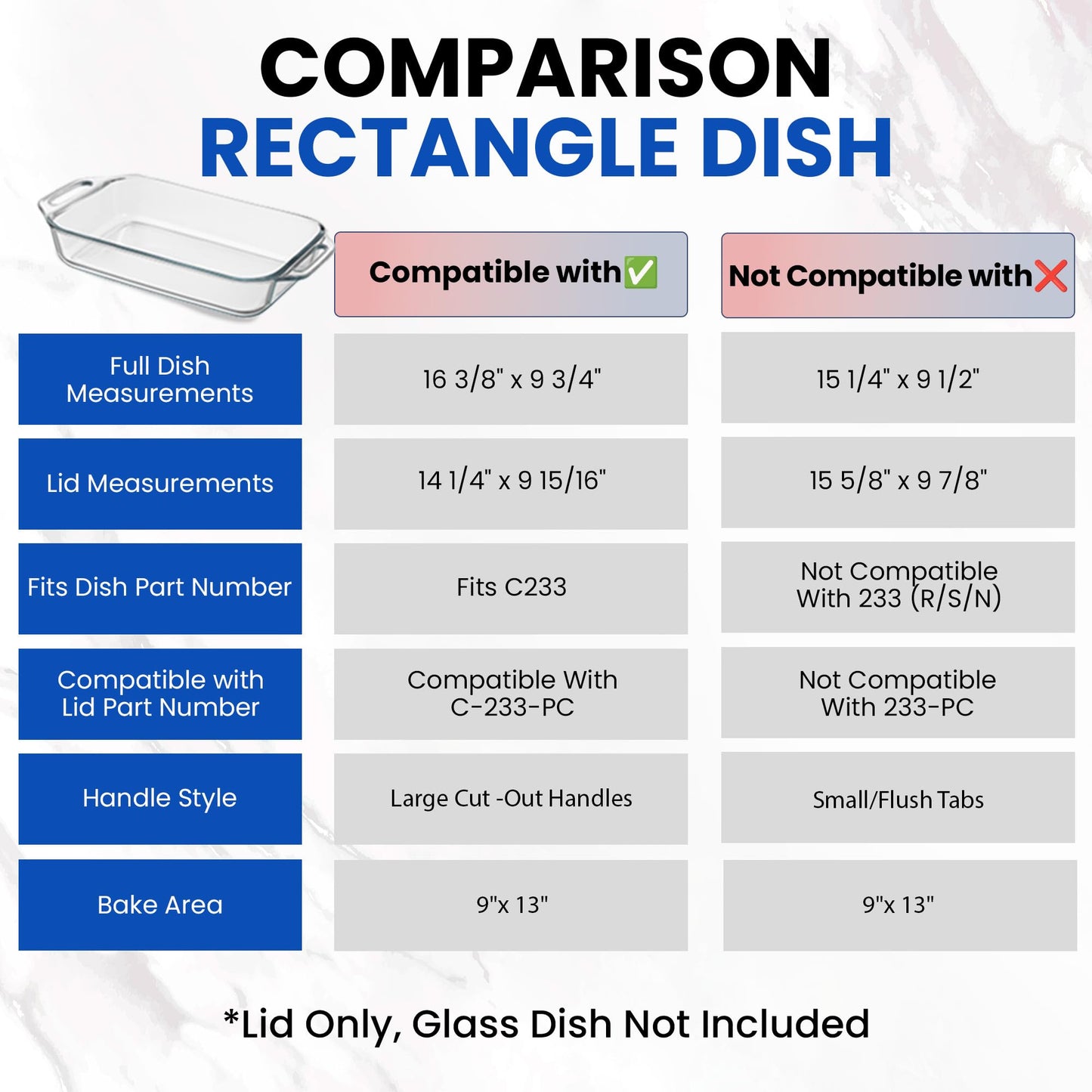 Replacement Lid for Pyrex C-233-PC Easy Grab 9x13 Casserole Glass Baking Dish Container Fits 3-Quart Model 233 with Cut-Out Handles Only