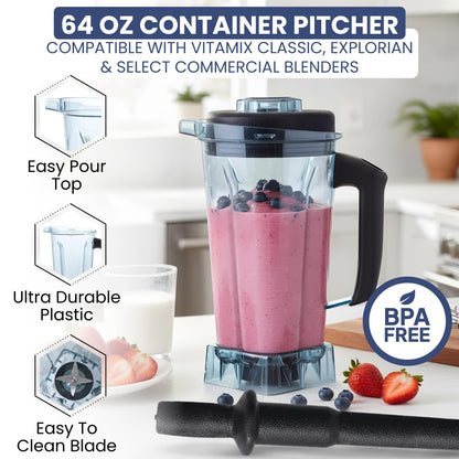 Blender Pitcher For Vitamix fits 64 oz 5200 6300 VM0197 VM0101 VM0103 E310 Classic/Explorian/Commercial Series + Tamper Included