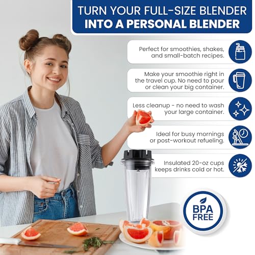 MRX Solutions Personal Cups Adapter fits Vitamix Classic Blenders 5200, 5300, 6300, 6500, 7500, 780 & More + Two BPA-Free 20-oz Insulated Leak-Proof Cups – Not Compatible With Self-Detect Models