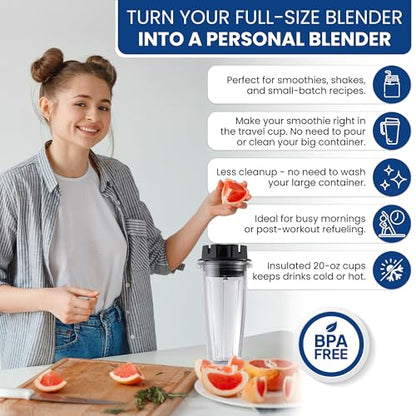 MRX Solutions Personal Cups Adapter fits Vitamix Classic Blenders 5200, 5300, 6300, 6500, 7500, 780 & More + Two BPA-Free 20-oz Insulated Leak-Proof Cups – Not Compatible With Self-Detect Models