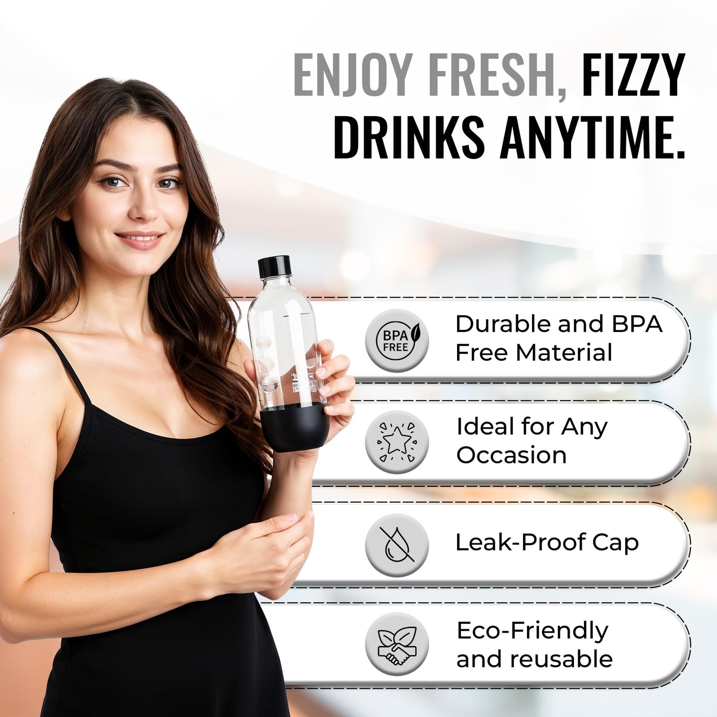 Replacement Carbonating Sparkling Water Bottles for SodaStream - 1 Liter, BPA-Free & Leak-Proof (Compatible with Fizzi, One Touch, Jet, Source, Play, Genesis, Power Models) - 3-Pack (Black)