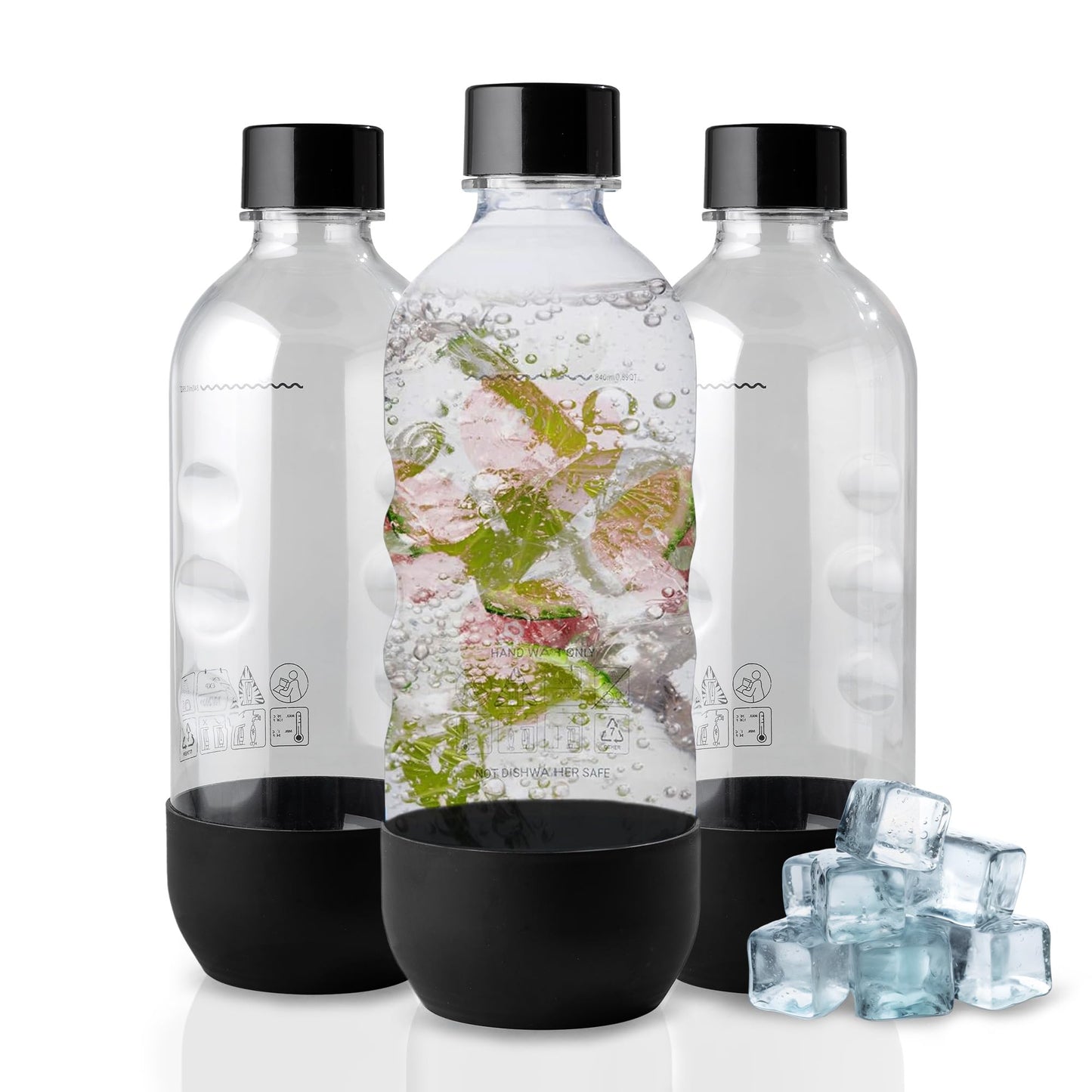 Replacement Carbonating Sparkling Water Bottles for SodaStream - 1 Liter, BPA-Free & Leak-Proof (Compatible with Fizzi, One Touch, Jet, Source, Play, Genesis, Power Models) - 3-Pack (Black)